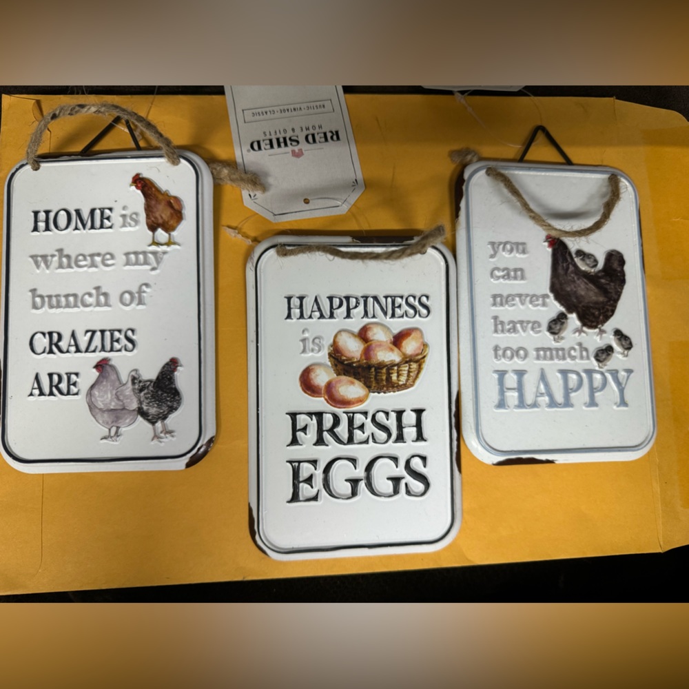 3 metal chicken related signs
